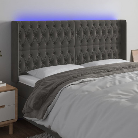 Tăblie de pat cu LED, gri închis, 203x16x118/128 cm, catifea