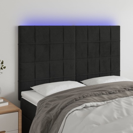 Tăblie de pat cu LED, negru, 144x5x118/128 cm, catifea