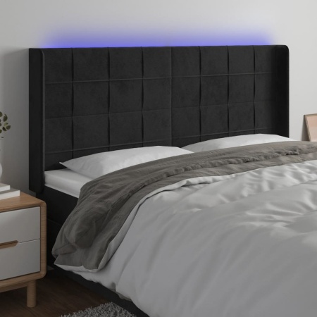 Tăblie de pat cu LED, negru, 183x16x118/128 cm, catifea