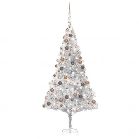 Brad Crăciun pre-iluminat cu set globuri, argintiu, 240 cm, PET - Img 1