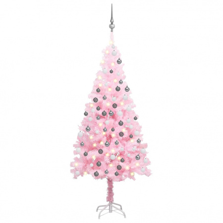 Brad Crăciun pre-iluminat cu set globuri, roz, 150 cm, PVC