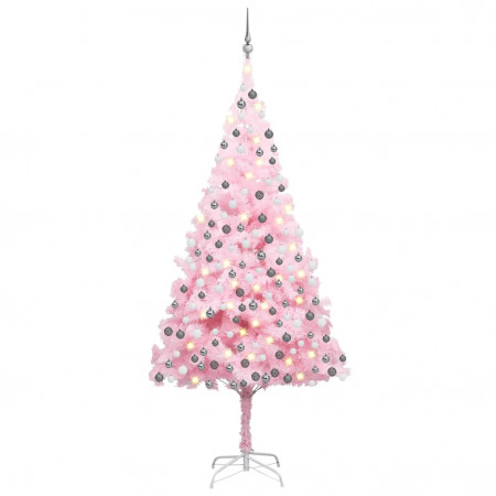 Brad de Crăciun artificial cu LED-uri&amp;globuri roz 210 cm PVC - Img 1