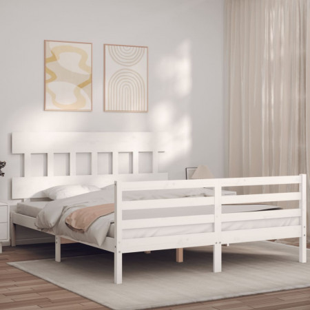 Cadru de pat cu tăblie, alb, 160x200 cm, lemn masiv - Img 1