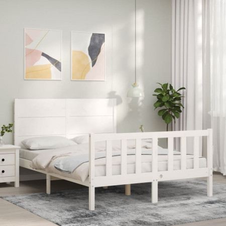 Cadru de pat cu tăblie, dublu, alb, lemn masiv - Img 1