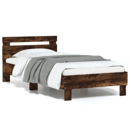 Cadru de pat cu tăblie și lumini LED, stejar fumuriu, 75x190 cm