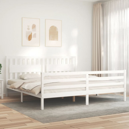 Cadru pat cu tăblie 200x200 cm, alb, lemn masiv - Img 1