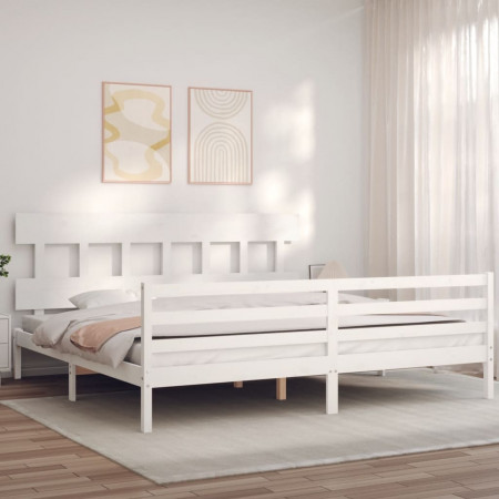 Cadru pat cu tăblie 200x200 cm, alb, lemn masiv - Img 1