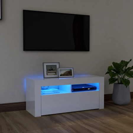 Comodă TV cu lumini LED, alb extralucios, 90x35x40 cm