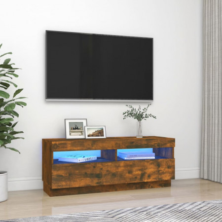 Comodă TV cu lumini LED, stejar fumuriu, 100x35x40 cm - Img 1