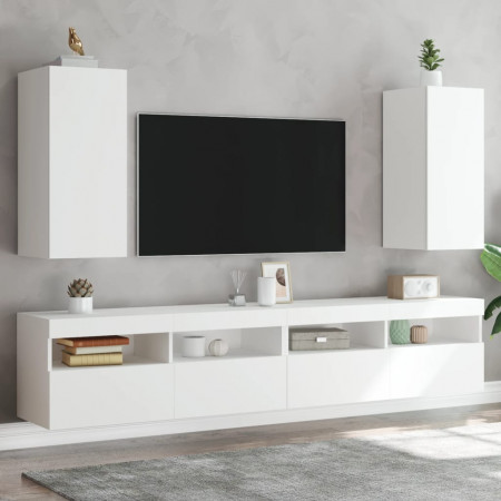 Comode TV de perete cu lumini LED, 2 buc., alb, 30,5x35x70 cm