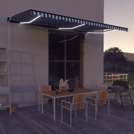 Copertină retractabilă manual cu LED albastru & alb 600x300 cm