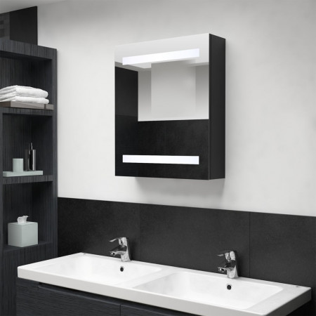 Dulap de baie cu oglindă și LED, negru, 50x14x60 cm