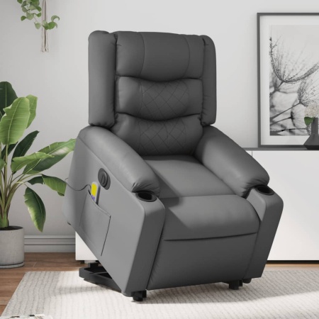 Fotoliu masaj rabatabil electric cu ridicare, gri, piele eco