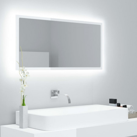 Oglindă de baie cu LED, alb extralucios, 90x8,5x37 cm, PAL
