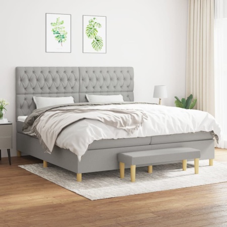 Pat box spring cu saltea, gri deschis, 200x200 cm, textil