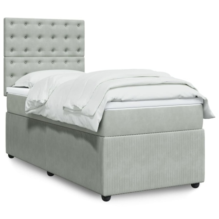 Pat box spring cu saltea, gri deschis, 90x190 cm, catifea