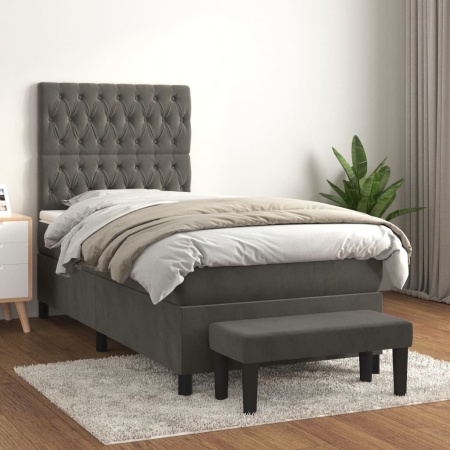 Pat box spring cu saltea, gri închis, 90x200 cm, catifea