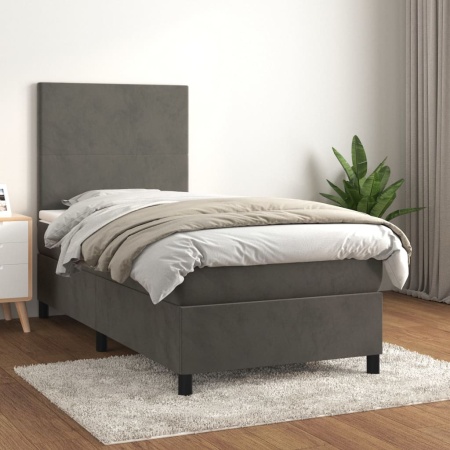 Pat box spring cu saltea, gri închis, 90x200 cm, catifea