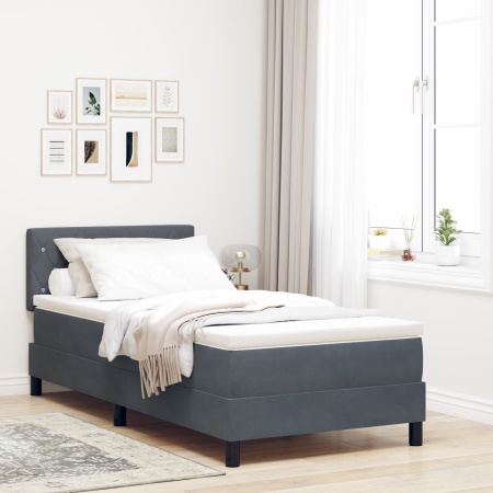 Pat box spring cu saltea, gri închis, 90x200 cm, catifea