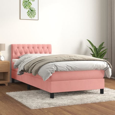 Pat box spring cu saltea, roz, 90x200 cm, catifea