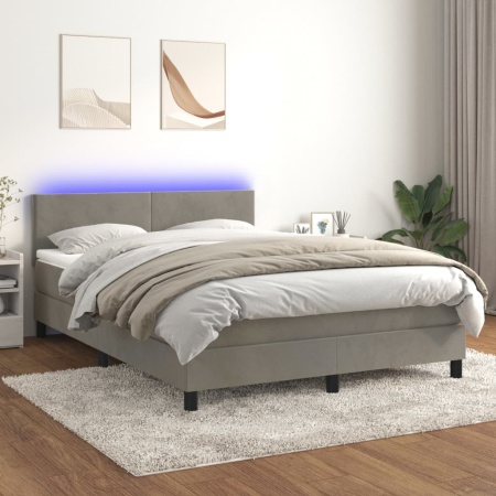Pat continental cu saltea și LED gri deschis 140x190 cm catifea - Img 1