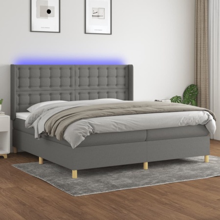Pat cu arcuri, saltea și LED, gri închis, 200x200 cm, textil