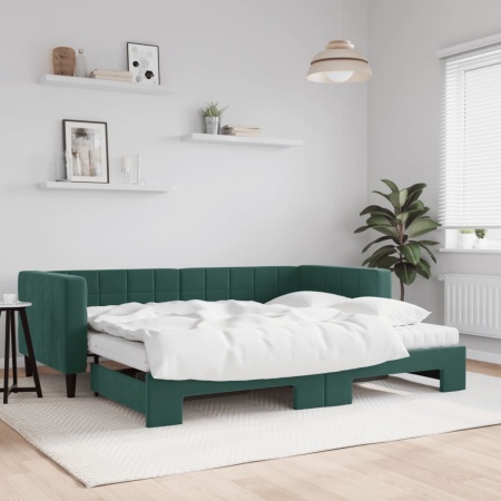 Pat de zi cu extensie și saltele verde închis 90x200 cm catifea