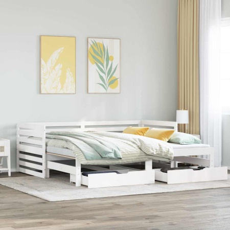 Pat de zi cu sertare, alb, 90x200 cm, lemn masiv pin - Img 1