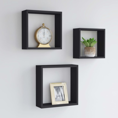 Rafturi cub de perete, 3 buc., negru, MDF