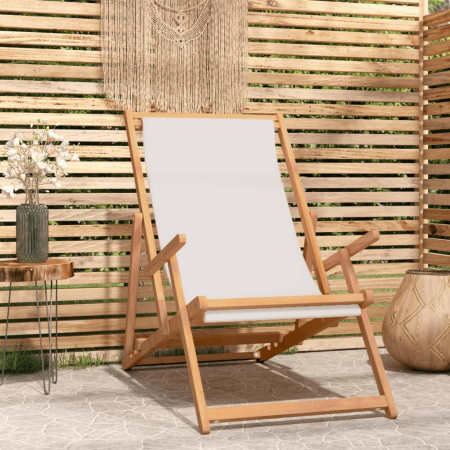 Scaun de plajă pliabil, crem, lemn masiv de tec - Img 1