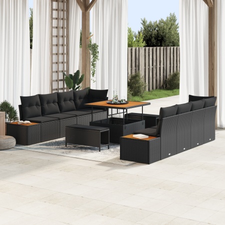 Set 11 Piese Sofa Grădină cu Perne Ratan Poli Acacia Negru, Set 3 Piese Masă Grădină cu Perne Ratan Poli Acacia Negru - Img 1