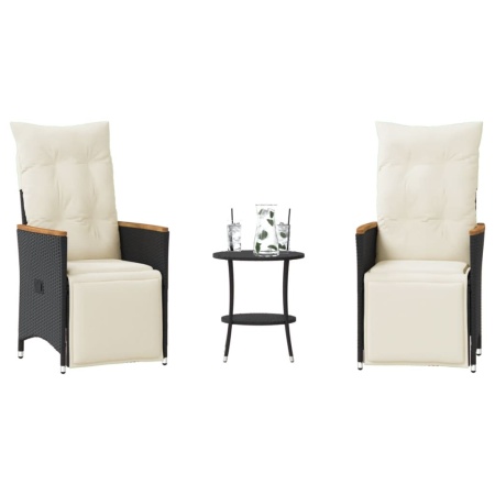 Set bistro cu perne, 3 piese, negru, poliratan