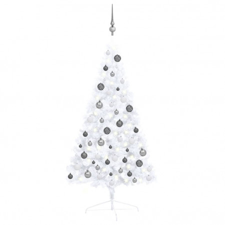 Set brad Crăciun artificial jumătate LED&globuri, alb, 120 cm