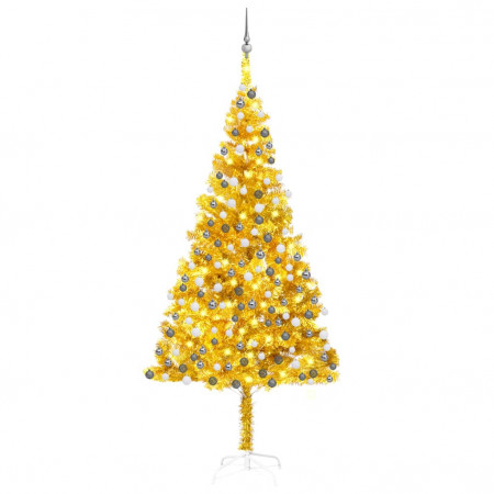 Set brad de Crăciun artificial cu LED&amp;globuri auriu 210 cm PET - Img 1