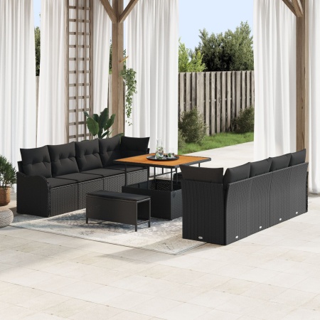 Set canapea de grădină cu 11 piese și perne - Poliratan negru Acacia, Canapea de grădină cu 2 locuri și spațiu de depozitare cu perne - Poliratan negru, Set dining de grădină cu 3 piese și perne - Poliratan negru Acacia - Img 1