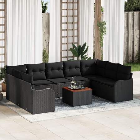 Set canapea grădină 10 piese cu perne Ratan polyester negru Acacia, Canapea grădină 2 locuri cu perne Ratan polyester negru