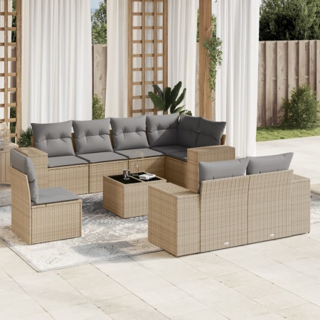 Set canapele de grădină, 9 piese, cu perne, bej, poliratan