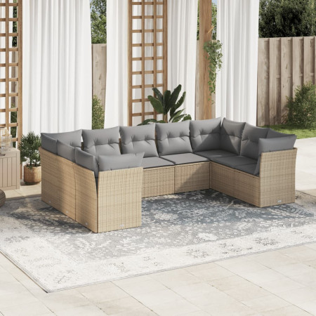 Set canapele de grădină, 9 piese, cu perne, bej, poliratan
