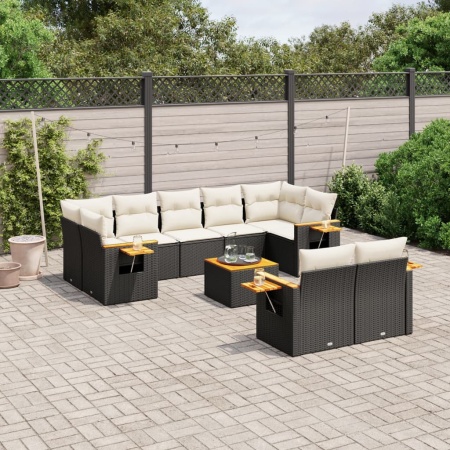 Set canapele de grădină cu perne, 10 piese, negru, poliratan