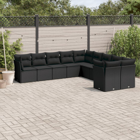 Set canapele de grădină cu perne, 10 piese, negru, poliratan