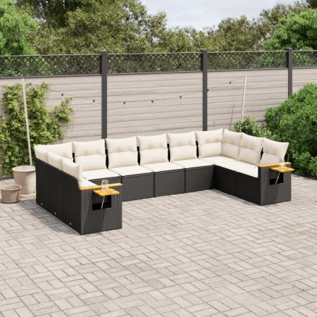 Set canapele de grădină cu perne, 10 piese, negru, poliratan