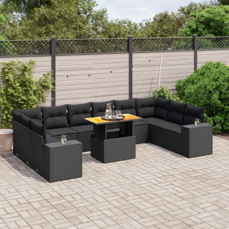 Set canapele de grădină cu perne, 11 piese, negru, poliratan