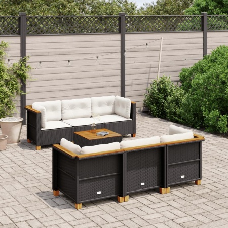 Set canapele de grădină cu perne, 7 piese, negru, poliratan