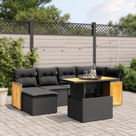 Set canapele de grădină cu perne, 7 piese, negru, poliratan