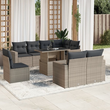 Set canapele de grădină cu perne, 9 piese gri deschis poliratan