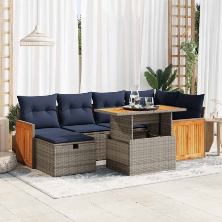 Set canapele grădină perne 7 piese negru, poliratan/lemn acacia - Img 1