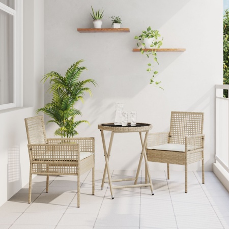 Set de bistro pentru grădină 3 piese cu perne Bej din ratan poliratan - Img 1