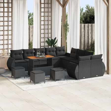 Set de Canapea de Grădină cu 13 Piese cu Perne Ratan Polimeric Negru Acacia, Set de Masa de Grădină cu 3 Piese cu Perne Ratan Polimeric Negru Acacia - Img 1