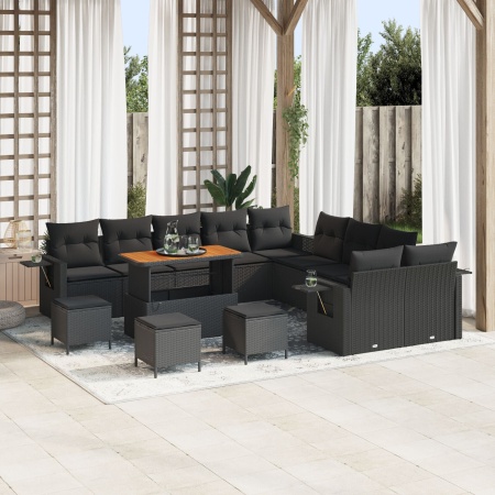 Set de canapele pentru grădină cu 13 piese și perne negre din ratan sintetic Acacia, Set de dining pentru grădină cu 3 piese și perne negre din ratan sintetic Acacia - Img 1