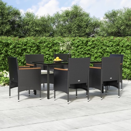 Set de masă pentru grădină, 7 piese, cu perne, negru